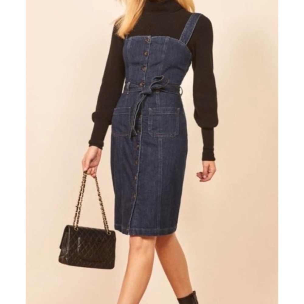 Reformation Farrah Denim Knee Length Belted Jumper Sheath Dress Dark Blue 6